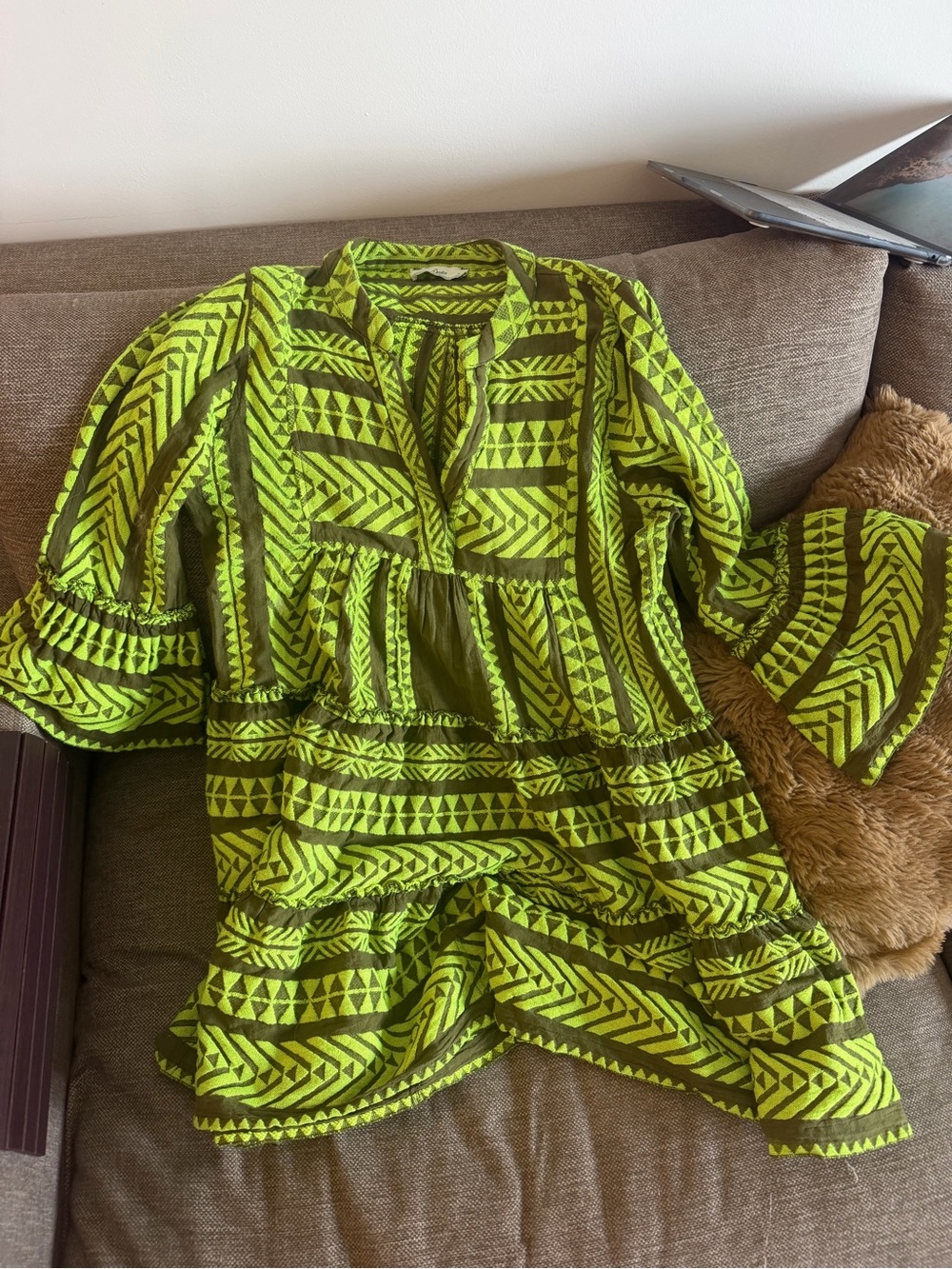 Devotion TWINS Lime Green and Olive Patterned Boho Mini Dress